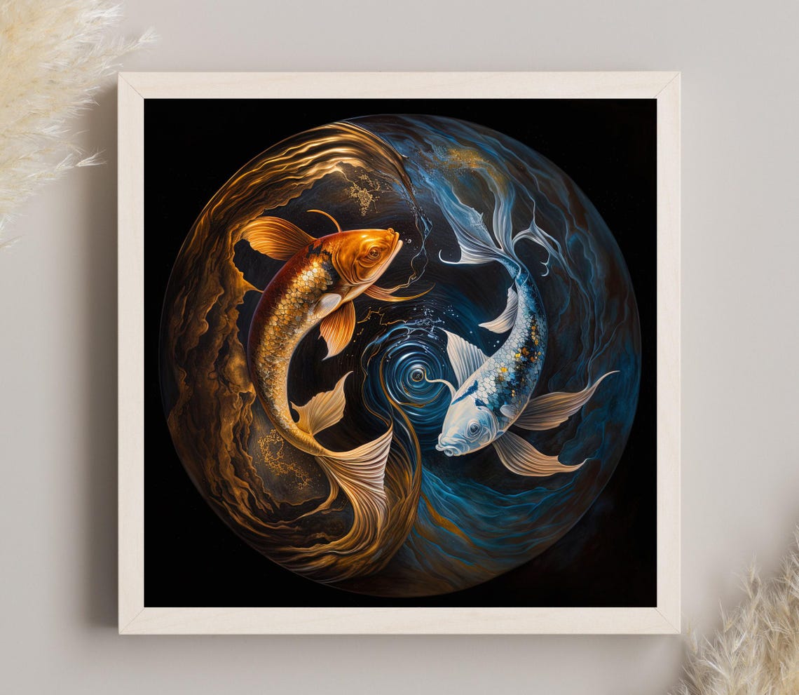 Yin Yang Koi Fish Pair Swimming in Swirling Water Art Poster