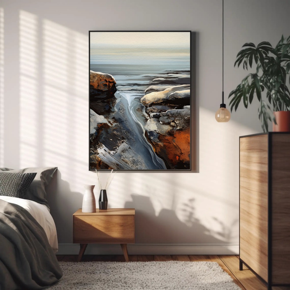 Abstract Rocky Coastline With Waves in Rust and Blue Art Poster - Image 4