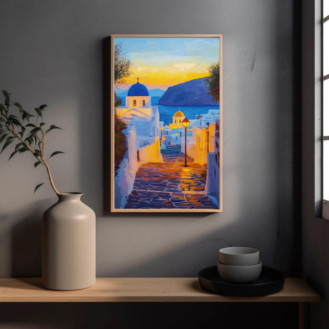 Santorini Evening Street With Blue Dome Church Sunset Greece Poster - Image 4