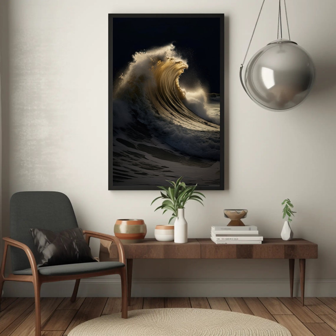 Golden Sunset Waves Dark Background Home Decor Modern Waves Art Print For Hallway Or Living Room Surfer Wall Art - Image 5