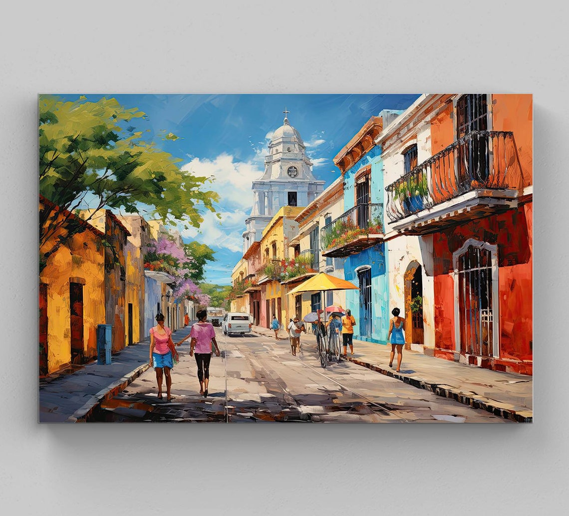Merida Mexico Colonial Street With White Cathedral Art Poster