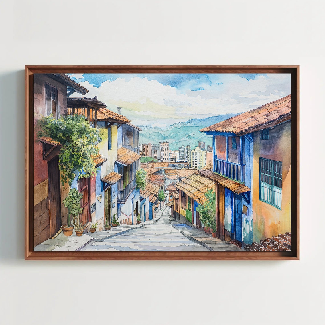 Medelln Traditional Street Watercolor Painting Print Framed Colombia Art Beautiful Home Decor Ready To Hang Living Room