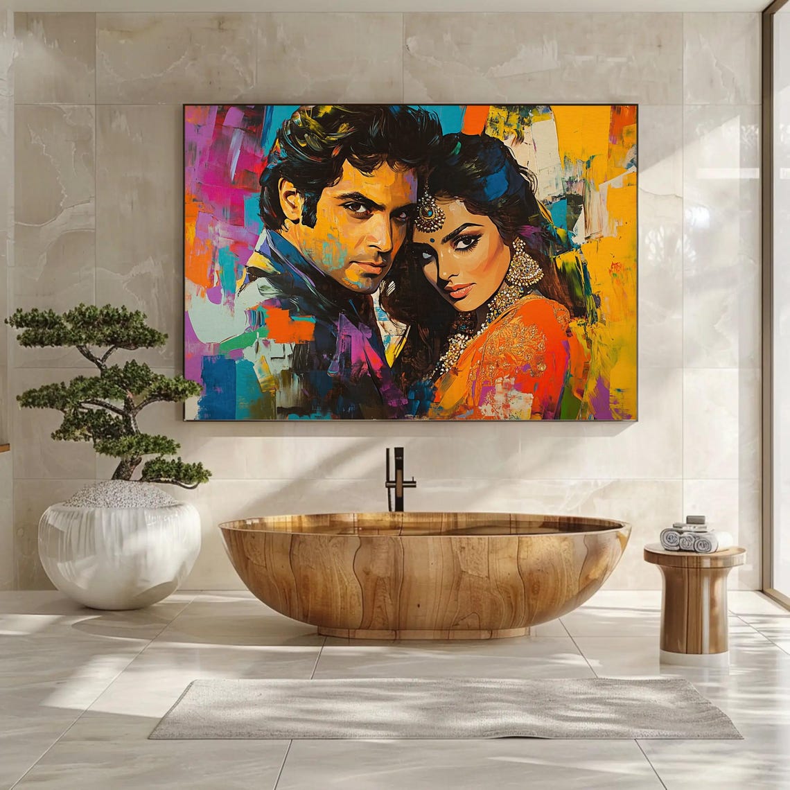 Bollywood Style Indian Couple Embrace Vibrant Pop Art Poster - Image 3
