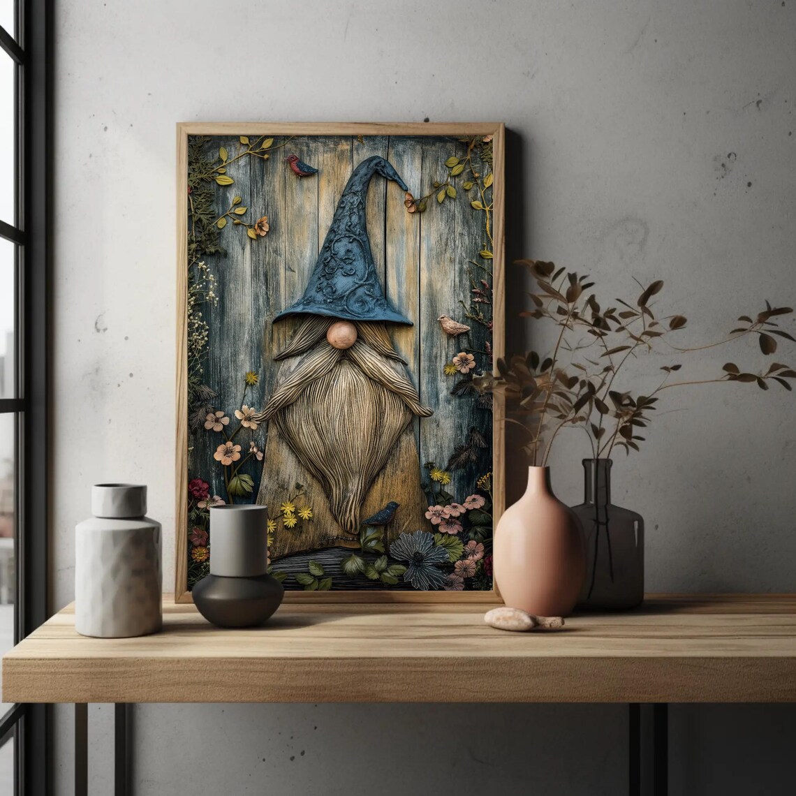 Gnome With Wooden Fence and Flowers, Wall Art Print - Image 4