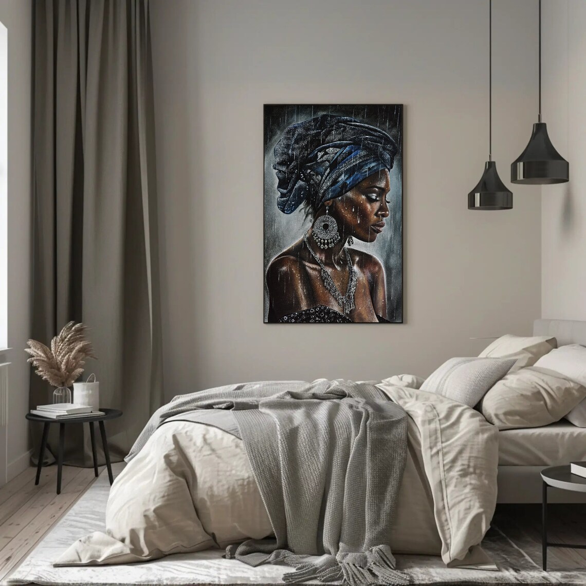 African Woman in Rain Blue Headwrap Silver Jewelry Portrait Art Poster - Image 3