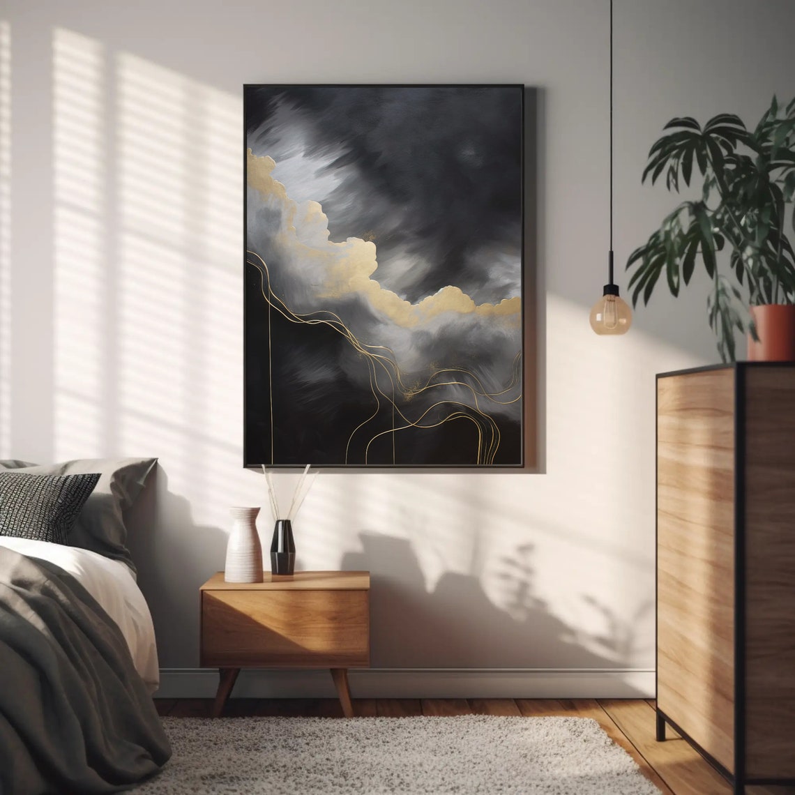 Black Gold Storm Cloud Abstract Golden Line Art Cloud Poster - Image 4