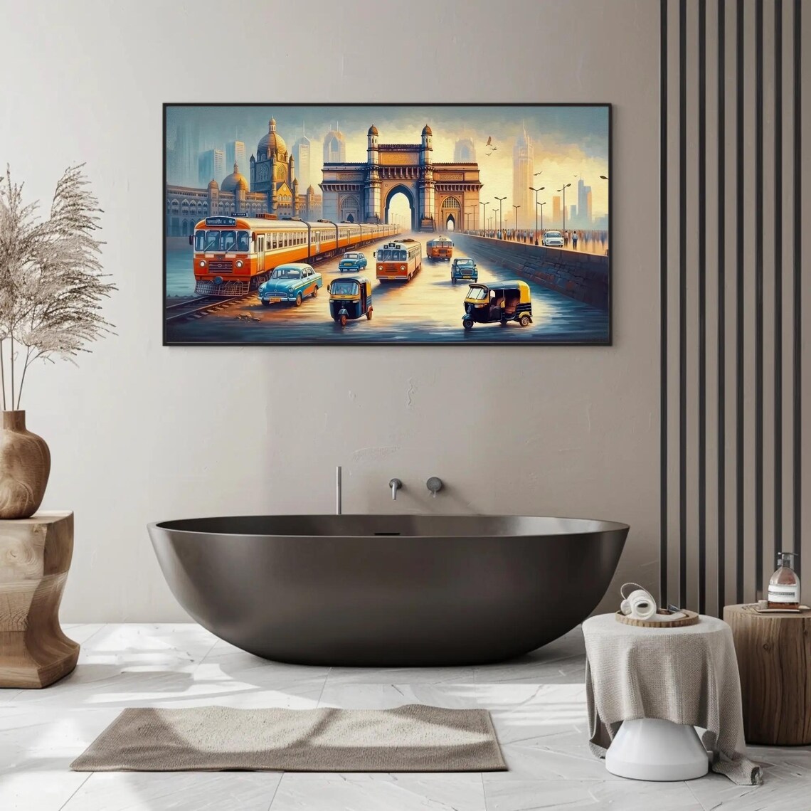 Mumbai Cityscape with Gateway of India and Vintage Traffic Poster - Image 3