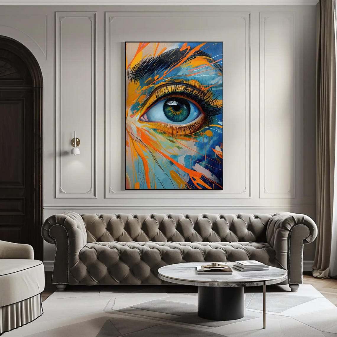 Abstract Blue Eye With Bold Orange And Gold Paint Splashes Wall Art - Image 4