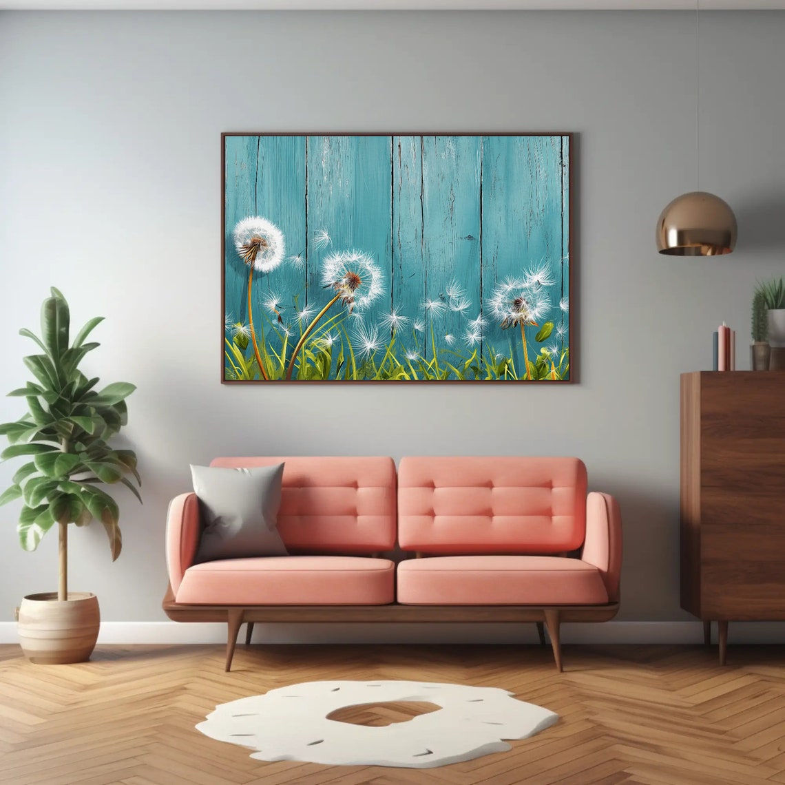 Dandelion Seed Heads Teal Wood Plank Panoramic Botanical Poster - Image 2