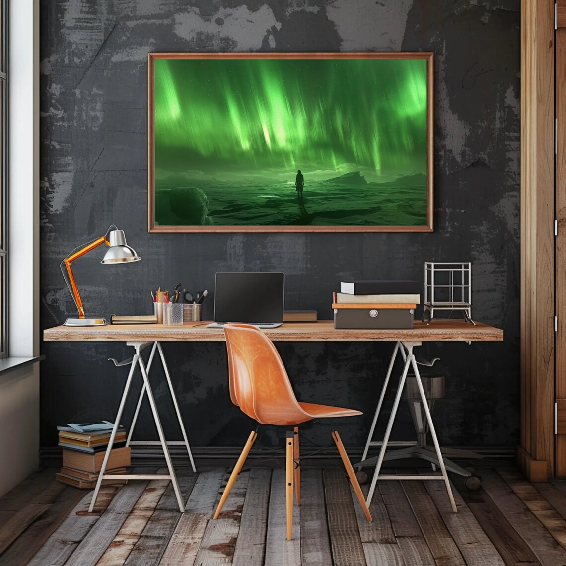 Green Northern Lights Lone Figure Icy Coast Night Sky Poster - Image 4