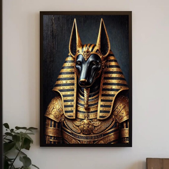 Golden Anubis Portrait with Striped Pharaonic Headdress on Black Poster