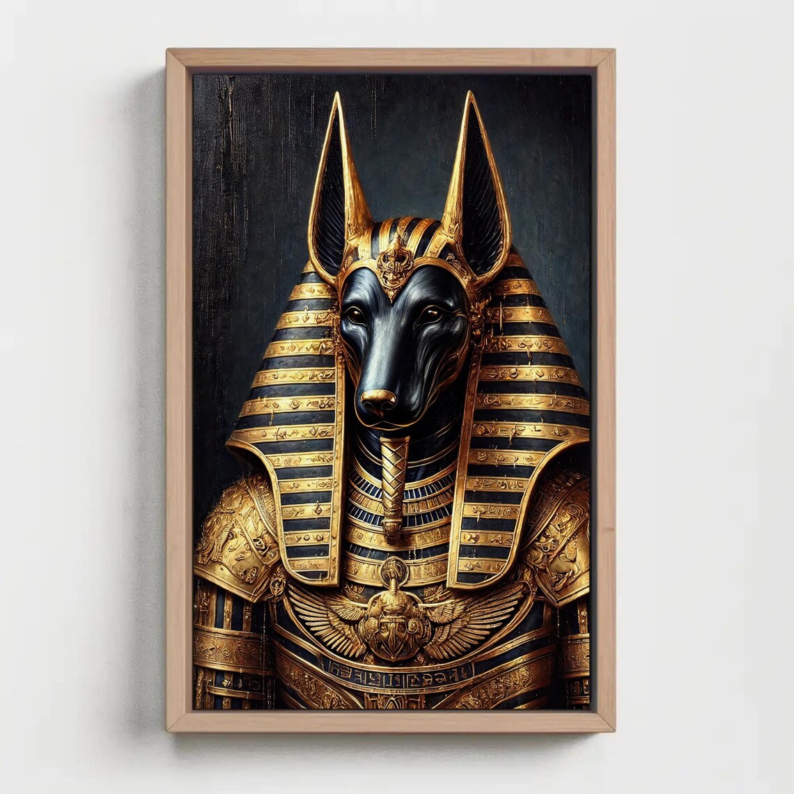 Golden Anubis Portrait with Striped Pharaonic Headdress on Black Poster - Image 5