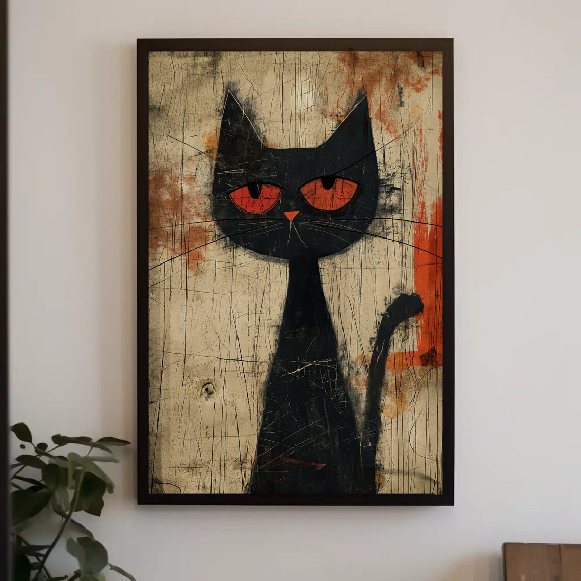 Whimsical Black Cat Vintage Funny Wall Art Print