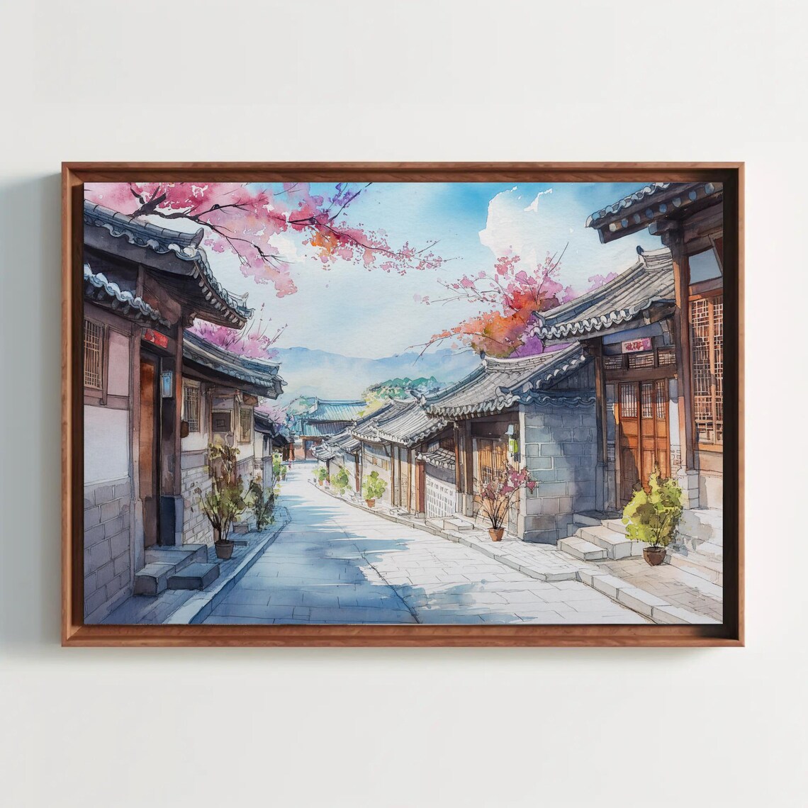 Korean Hanok Street With Cherry Blossoms Watercolor Travel Poster - Image 4