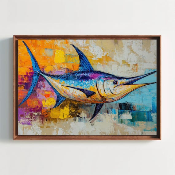 Blue Marlin Print Colorful Oil Painting Vibrant Ocean Fish Art Extra Large Horizontal Nautical Wall Decor For Home Or Office