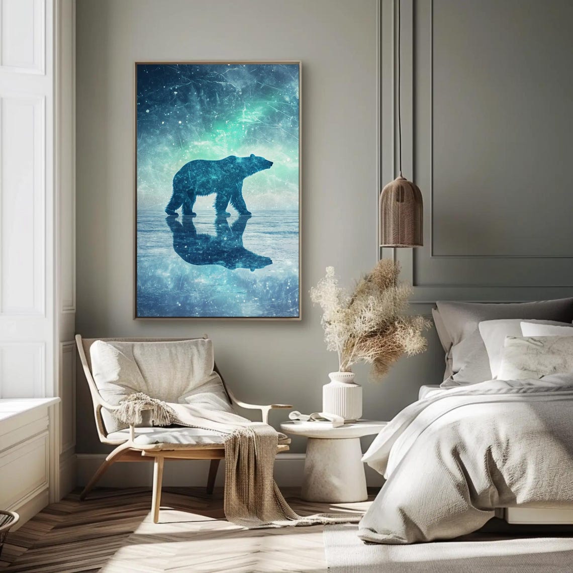Polar Bear Silhouette on Ice Under the Northern Lights Poster - Image 3
