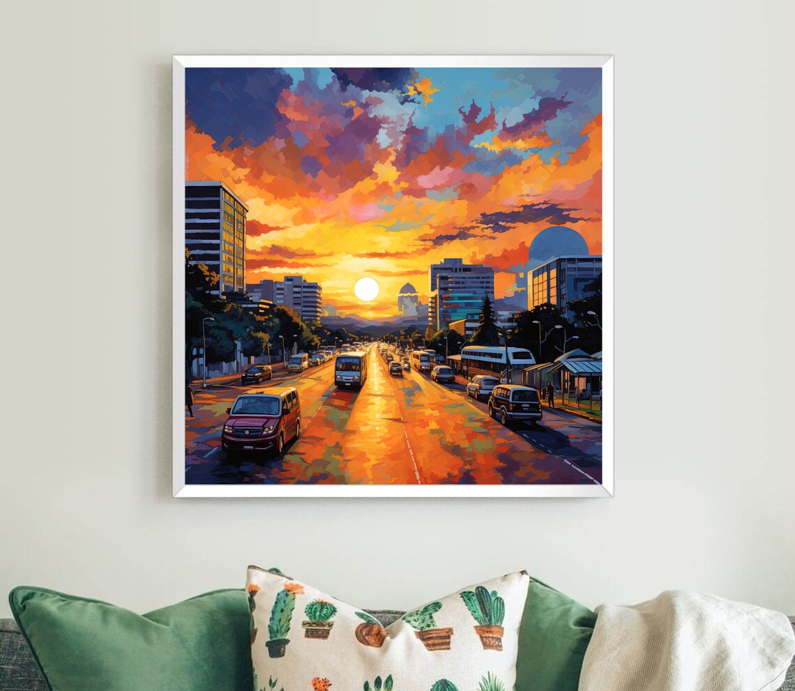 Abuja Nigeria City Avenue Fiery Orange Sunset Painting Poster - Image 5