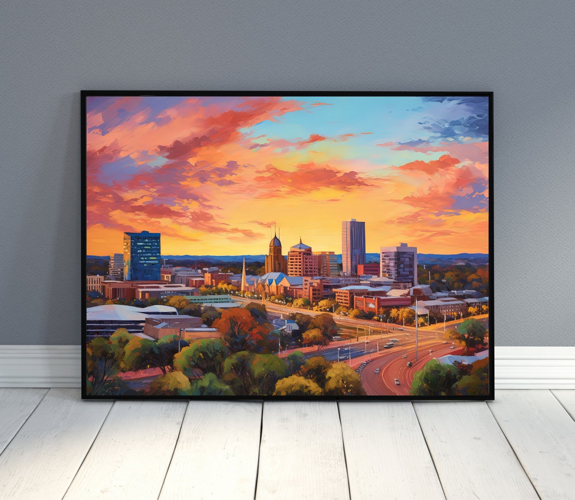 Adelaide Australia City Skyline Glowing at Sunset Art Poster - Image 2