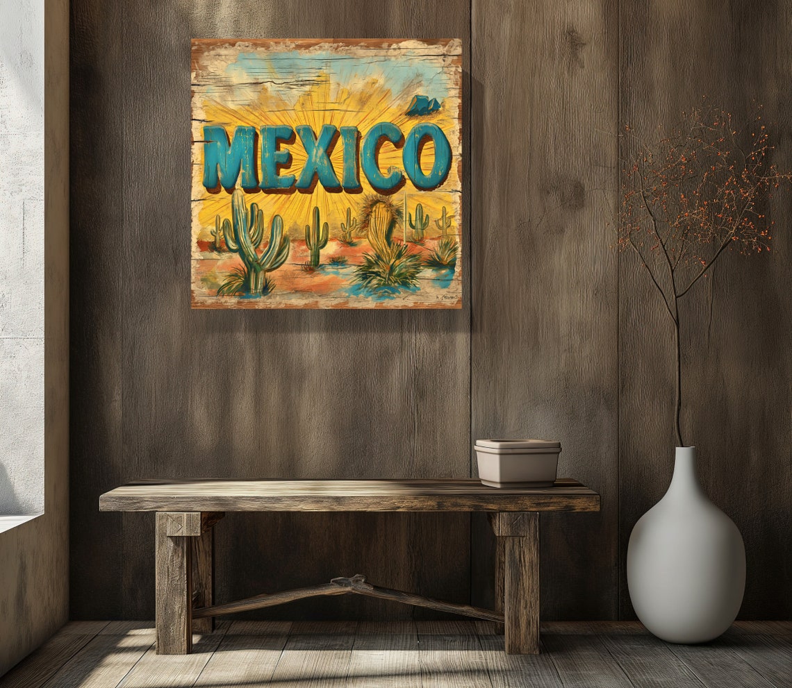 Retro Mexico Desert Cacti Scene at Sunset Wood Sign Wall Poster - Image 5