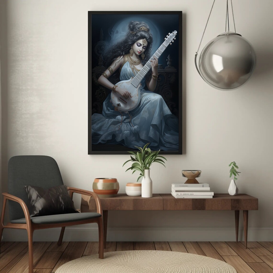 Hindu Goddess Saraswati Veena Blue Saree Deity Painting Wall Art - Image 5