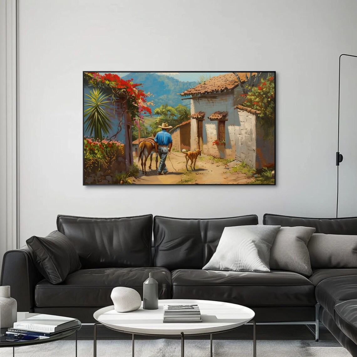 Mexican Village Oil Painting, Man With Dog and Donkey - Image 3