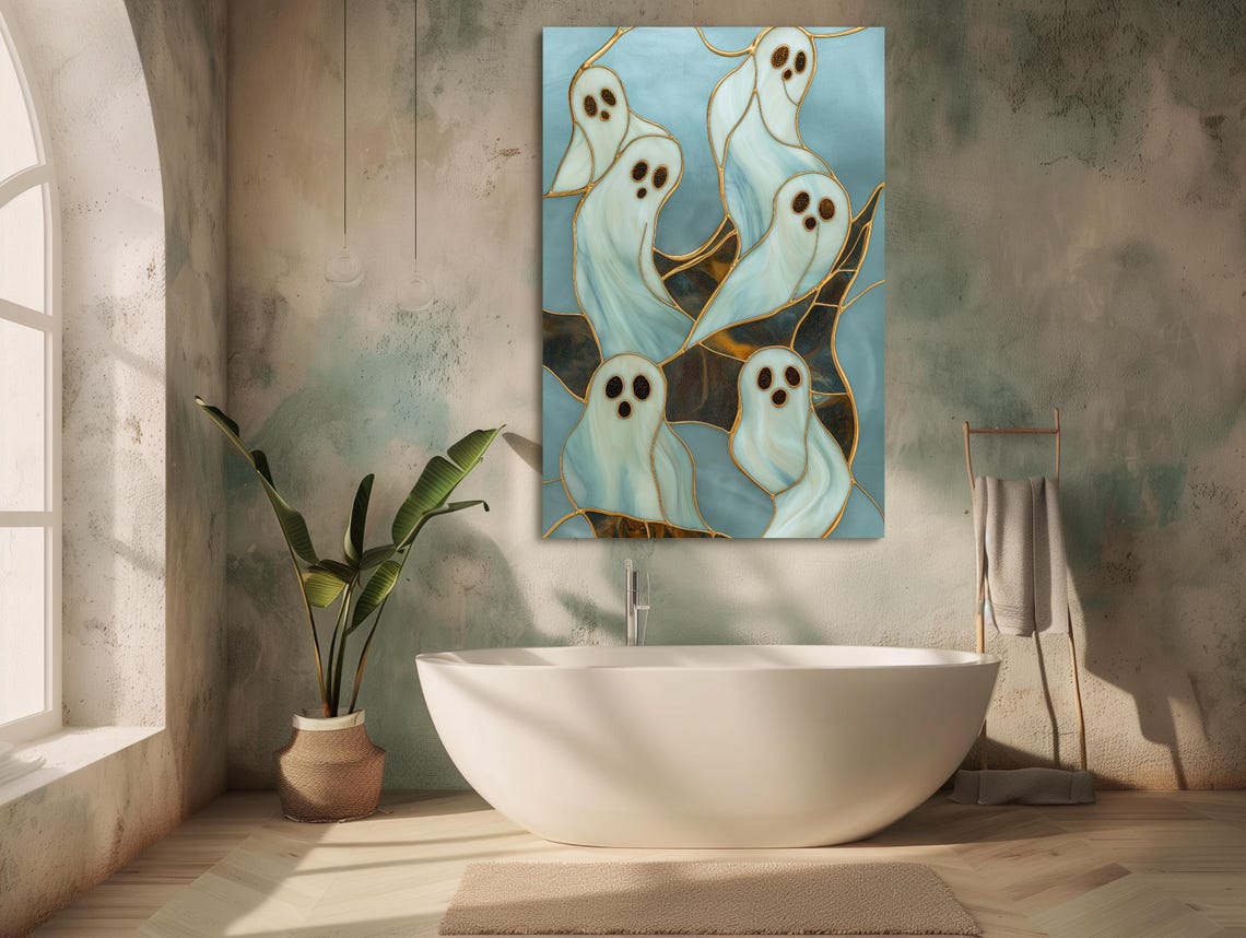 Cute Stained Glass Ghosts With Gold Halloween Spooky Art Poster - Image 5