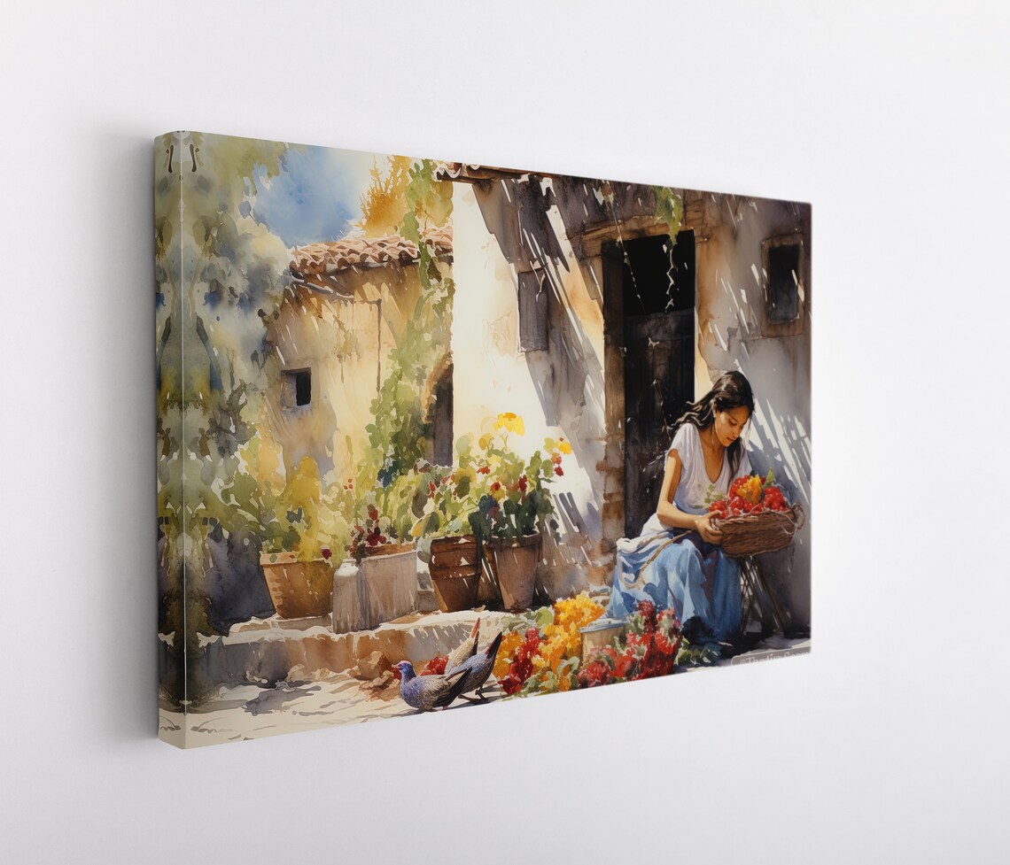 Mexican Flower Vendor Woman in a Sunlit Courtyard Watercolour Poster - Image 5