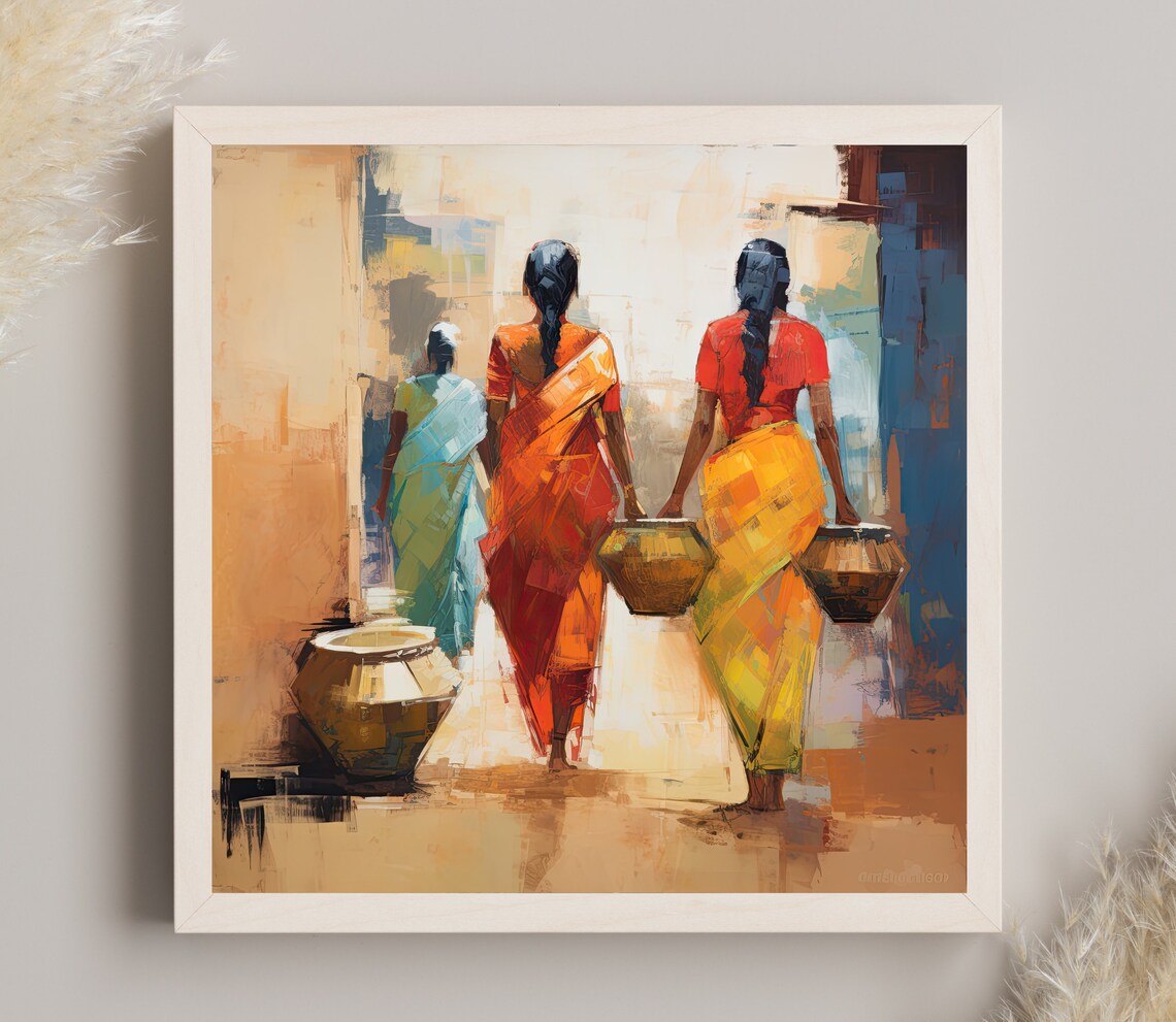 Three Indian Women Carrying Water Pots Street Scene Painting Poster