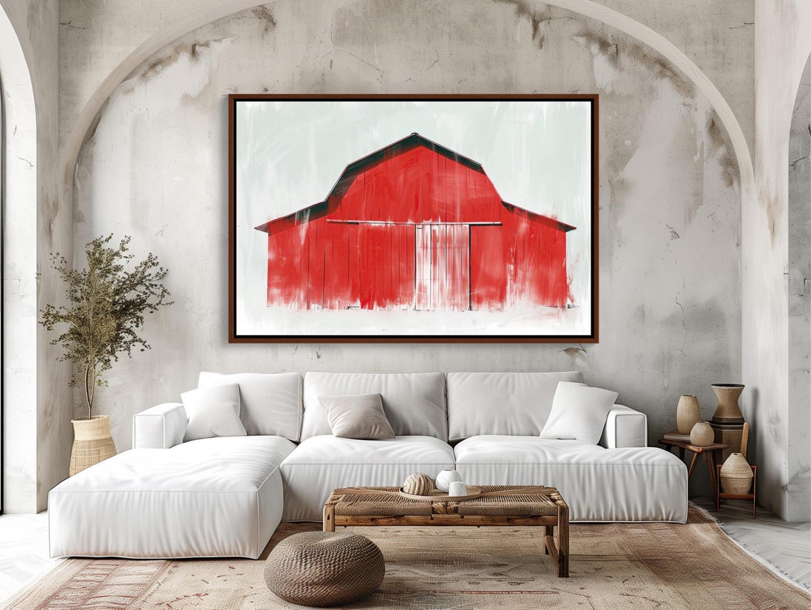 Bold Red Barn In Loose Abstract Brushwork Modern Farmhouse Poster - Image 2