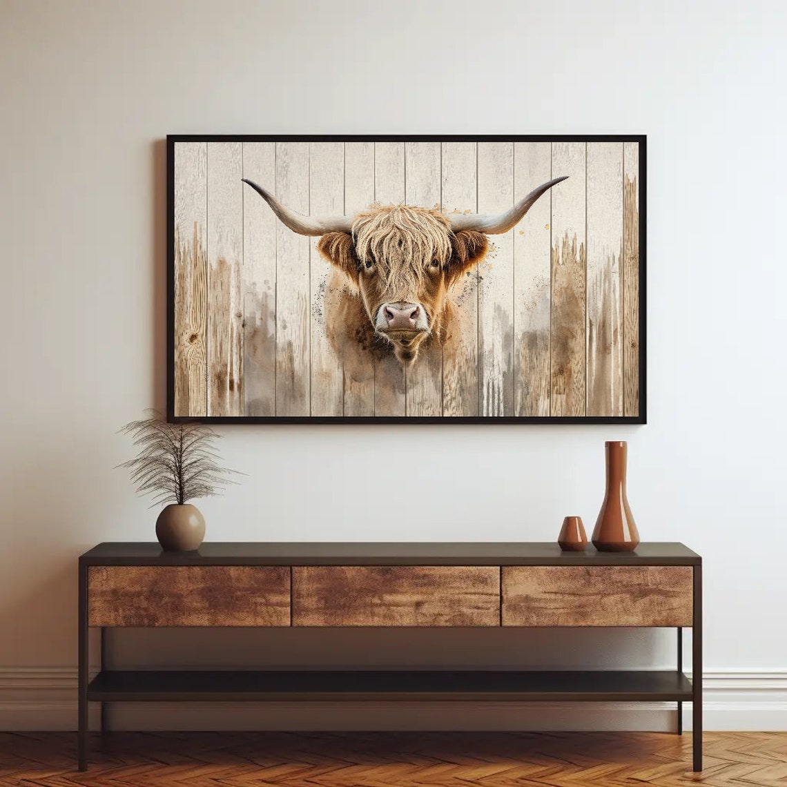 Shaggy Highland Cow Portrait On Rustic Whitewashed Wood Poster - Image 2