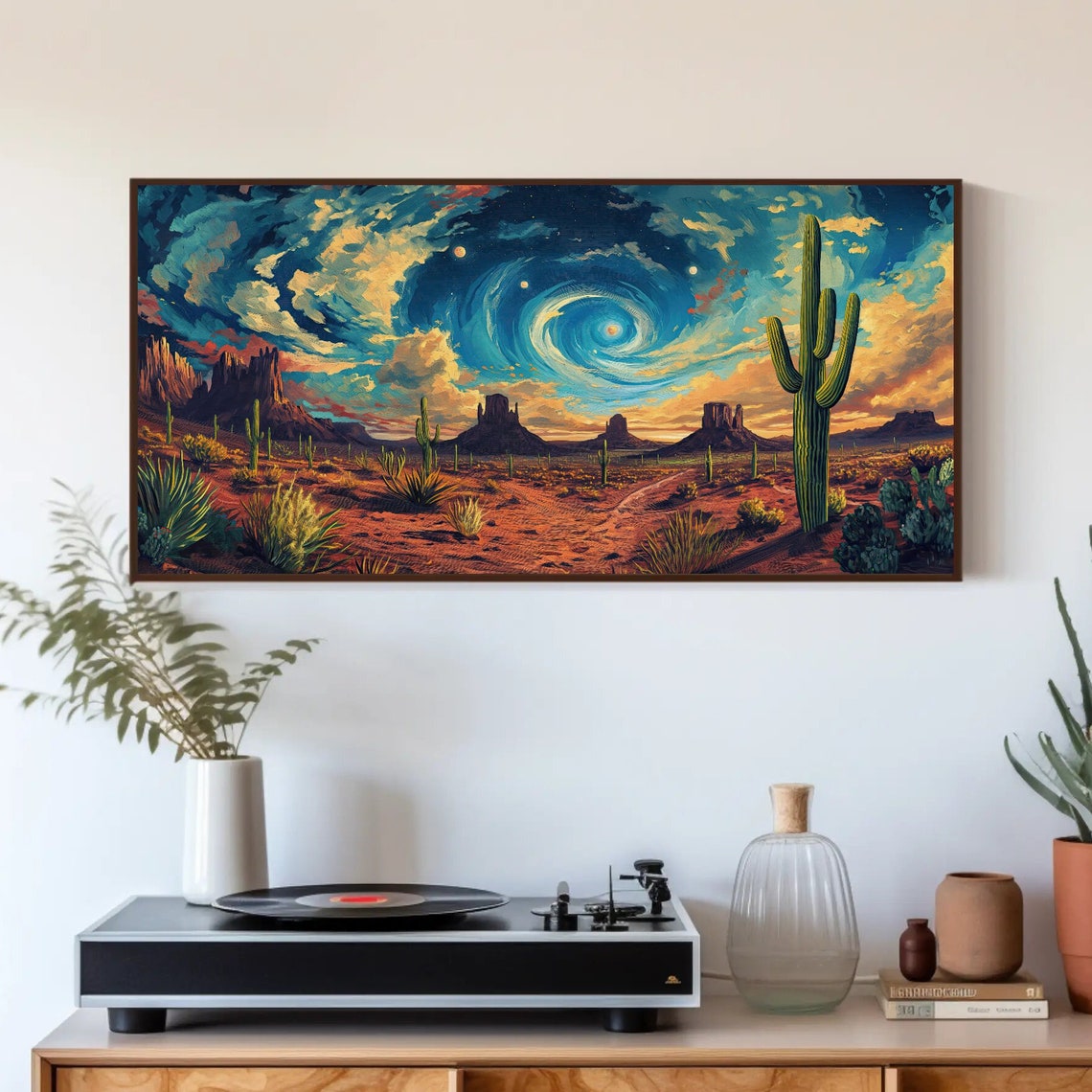 Starry Night Desert Cacti Saguaro Monuments Landscape Poster