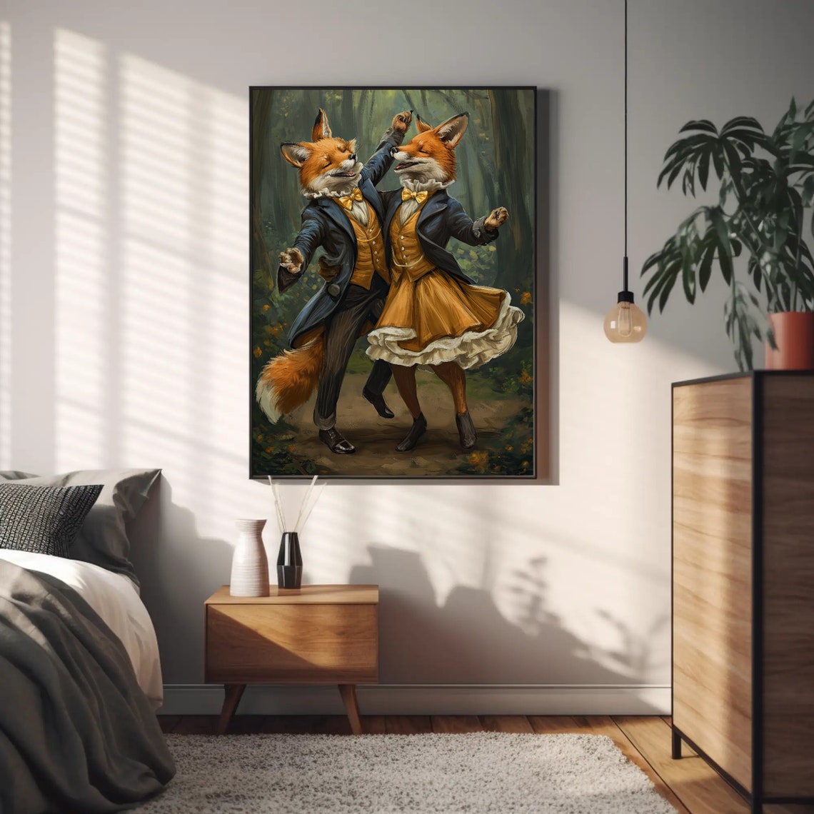 Dancing Fox Couple Vintage Costumes Misty Forest Whimsical Print - Image 5