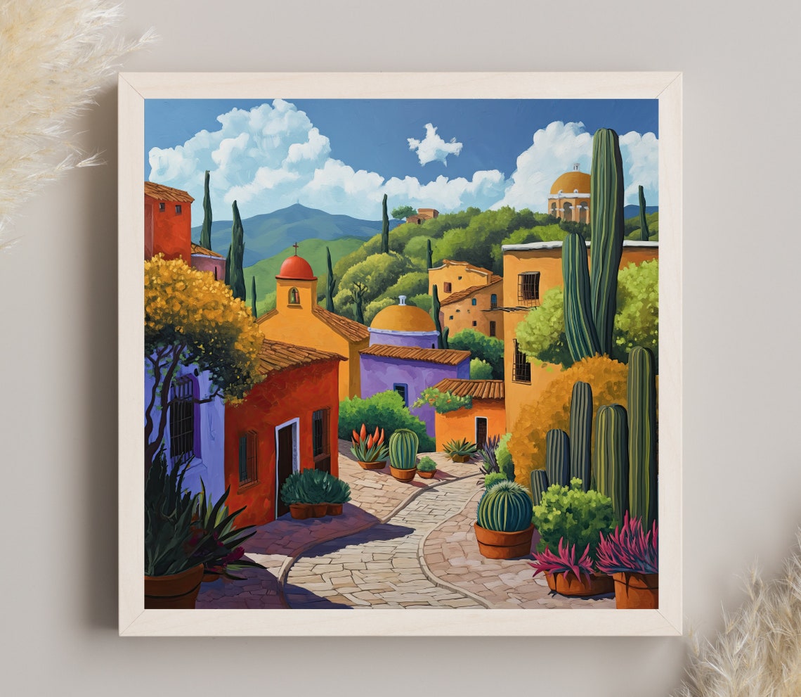 Colorful Mexican Hillside Town Church Domes Cacti Painting Poster