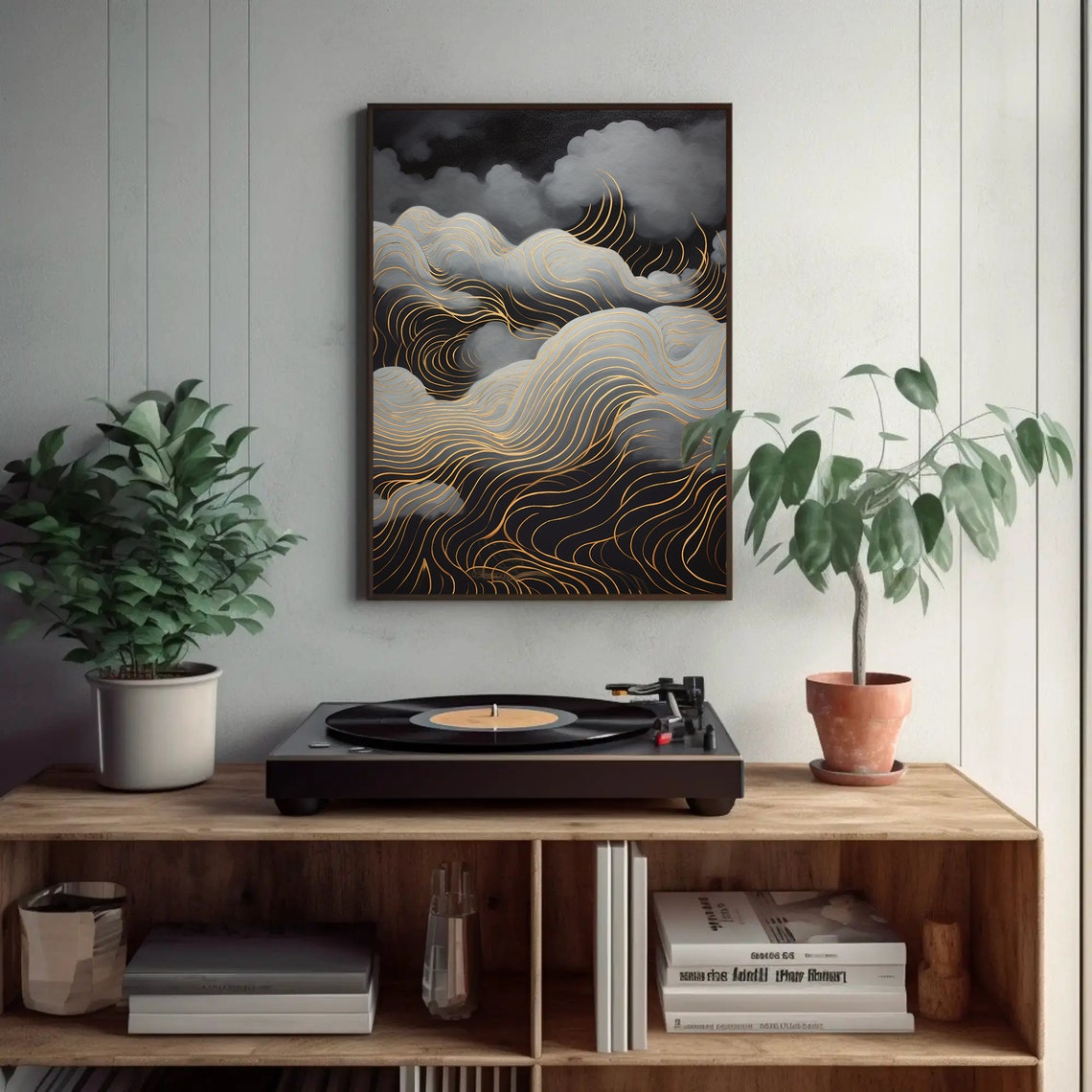 Dark Storm Clouds Golden Line Waves Moody Abstract Art Poster - Image 2