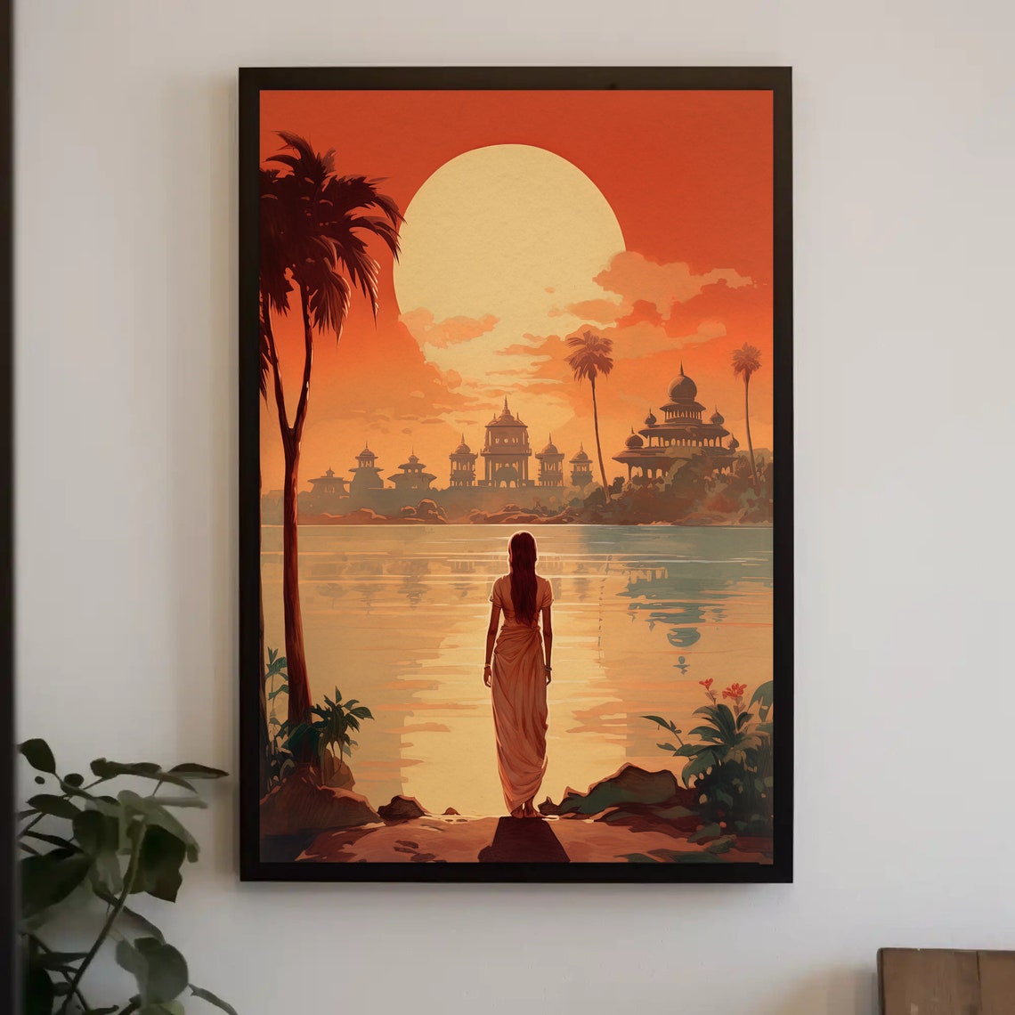 Retro Woman in Sari Viewing Lakeside Temples at Sunset Poster