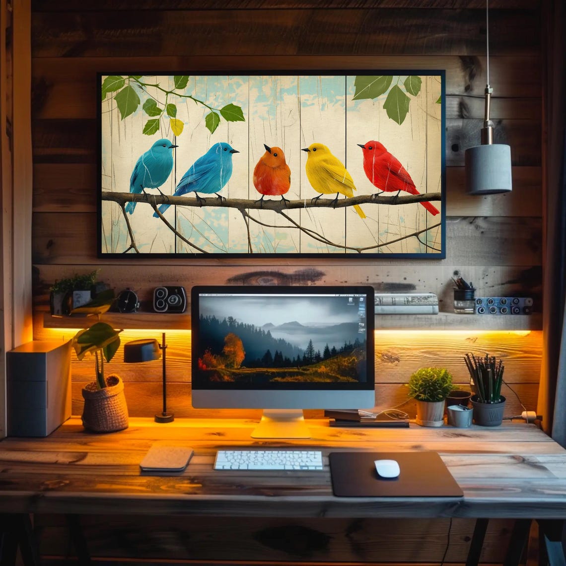 Five Colorful Birds On Branch Rustic Wood Background Art Poster - Image 5