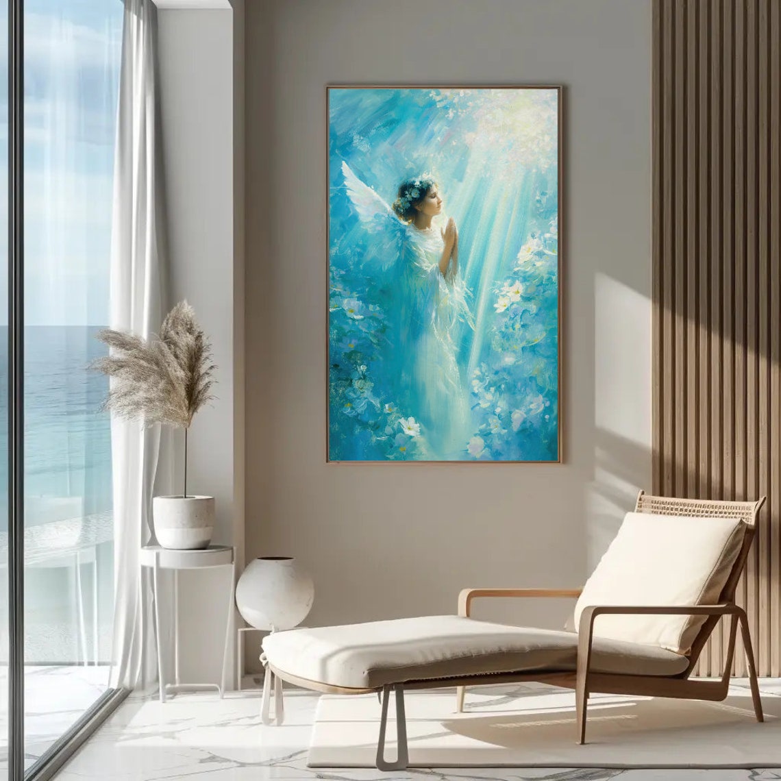 Praying Angel Bathed in Blue Heavenly Light With Flowers Poster - Image 5