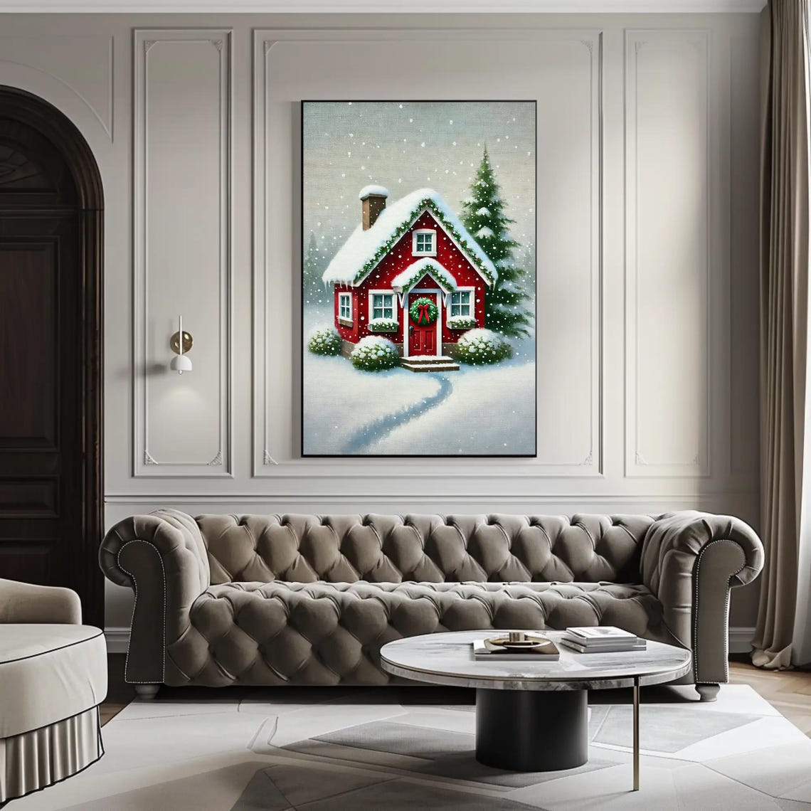 Red Snowy Cottage With Christmas Wreath In Winter Scene Poster - Image 5
