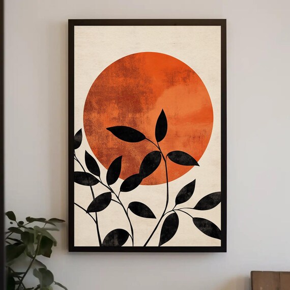 Mid Century Modern Orange Sun Abstract Print Black Leafy Wall Art Retro Contemporary Decor For Living Room Or Office