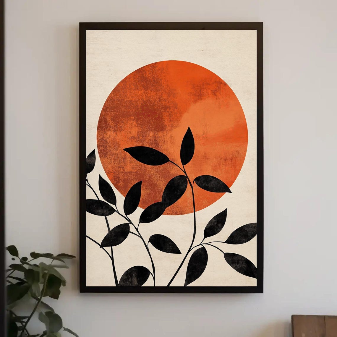 Burnt Orange Sun With Black Leafy Branches Abstract Art Poster