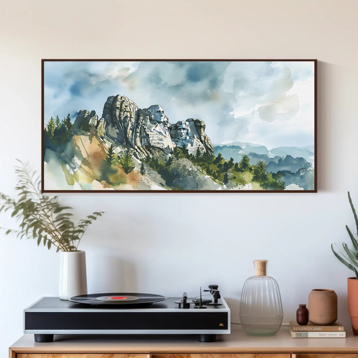 Mount Rushmore Carved Faces Watercolor Mountain Landscape Poster