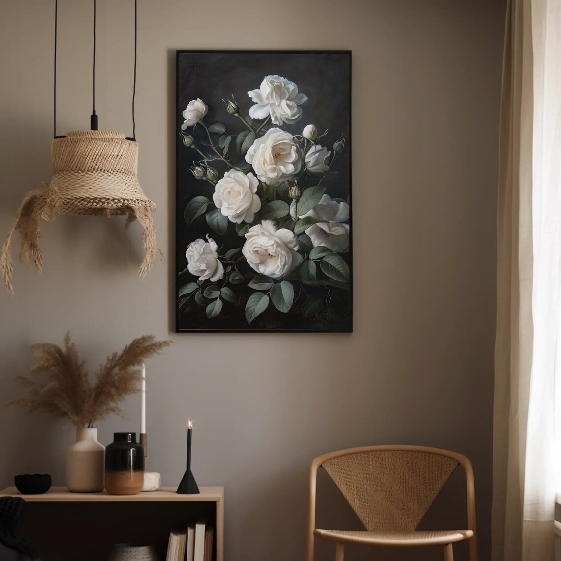 White Roses Dark Academia Oil Painting Botanical Moody Floral Poster - Image 3