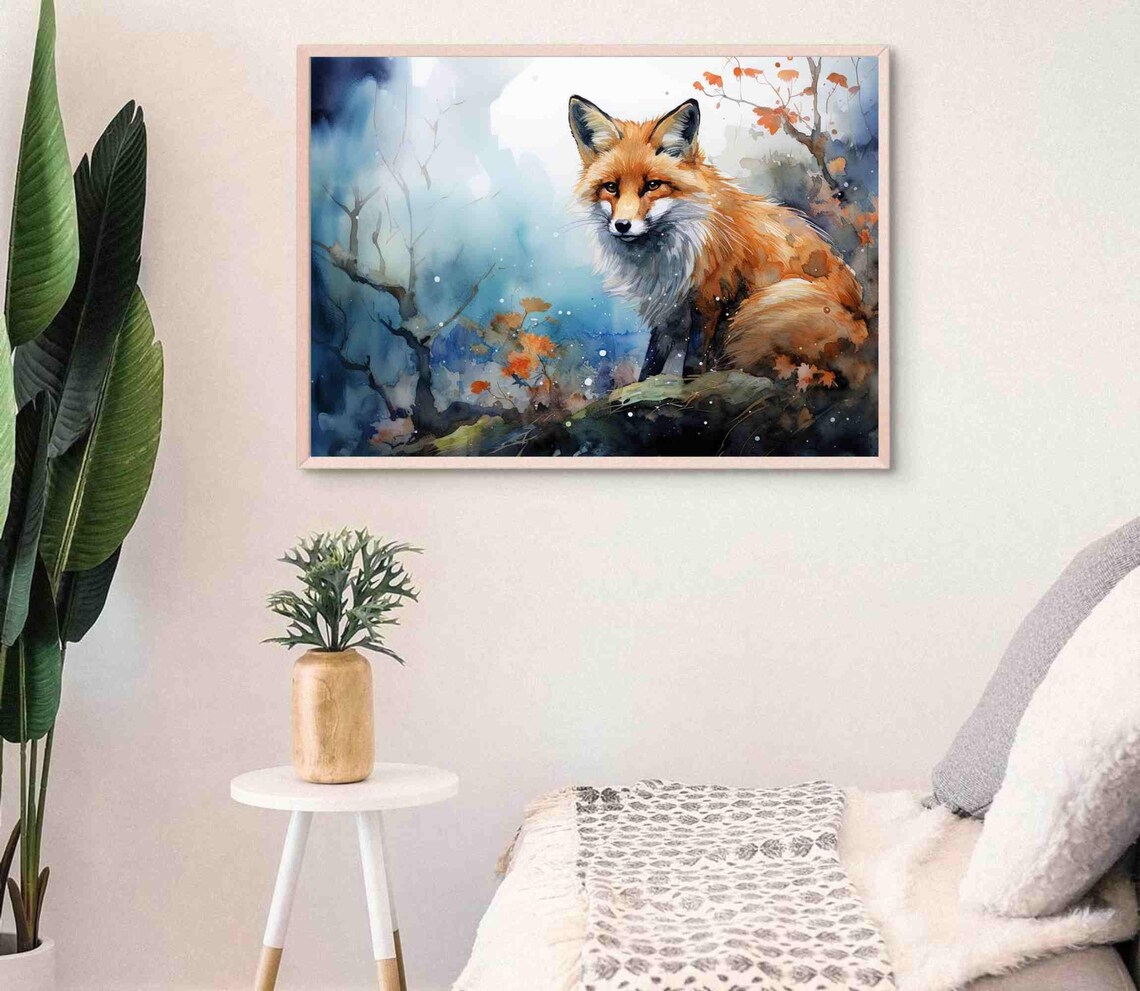 Red Fox Sitting Among Autumn Leaves Watercolor Wildlife Poster - Image 3