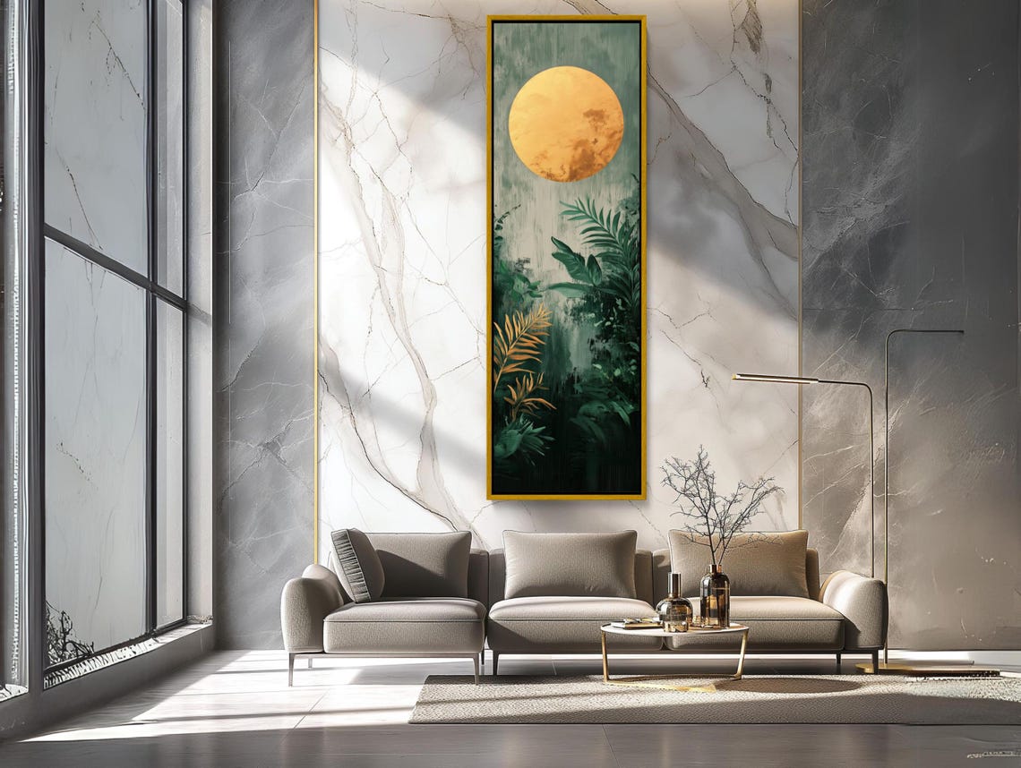 Large Golden Moon Over Dark Jungle Foliage Vertical Wall Art - Image 2