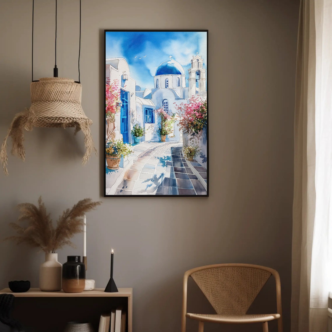 Santorini Blue Dome Church Whitewashed Lane Watercolor Travel Poster - Image 4