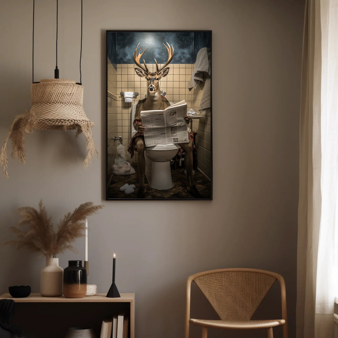 Deer With Antlers Reading Newspaper on Toilet Bathroom Humor Poster - Image 2
