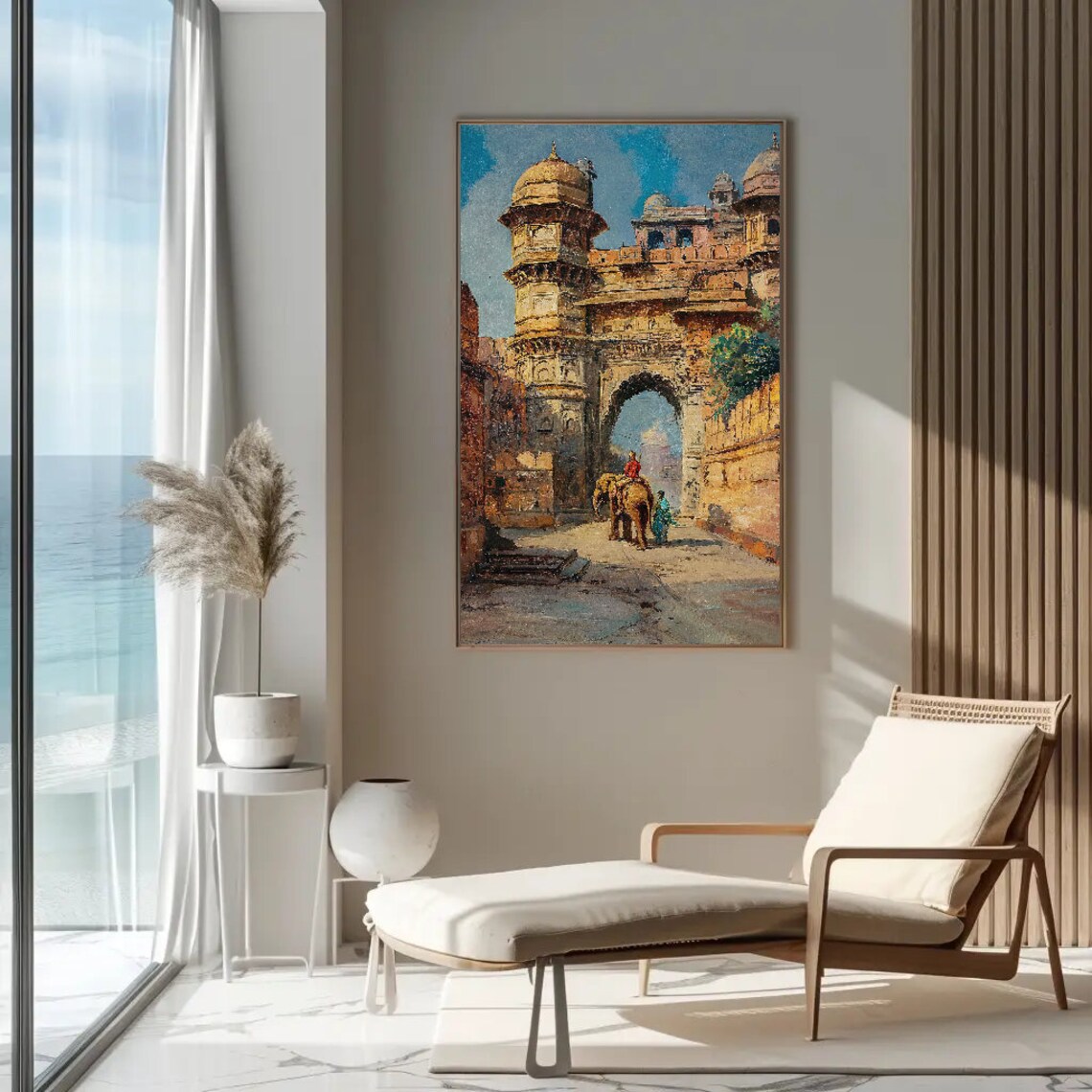 Indian Fort Gateway With Elephant Vintage India Oil Painting Poster - Image 2