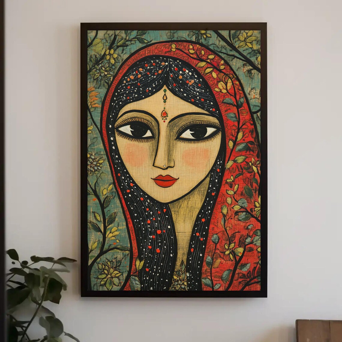 Madhubani Inspired Indian Woman Portrait With Red Dupatta Poster