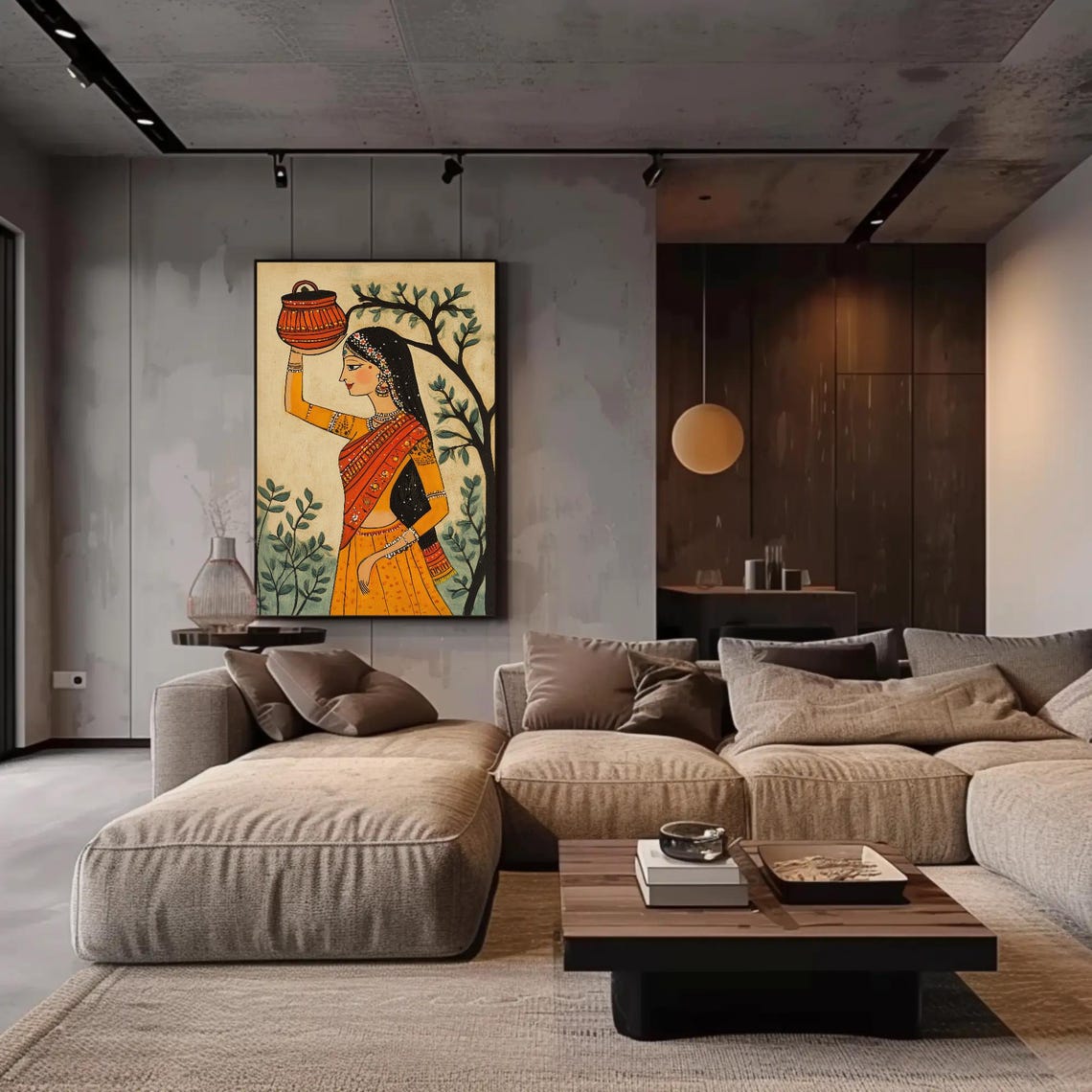 Madhubani Style Indian Woman Carrying a Water Pot on Her Head Poster - Image 3