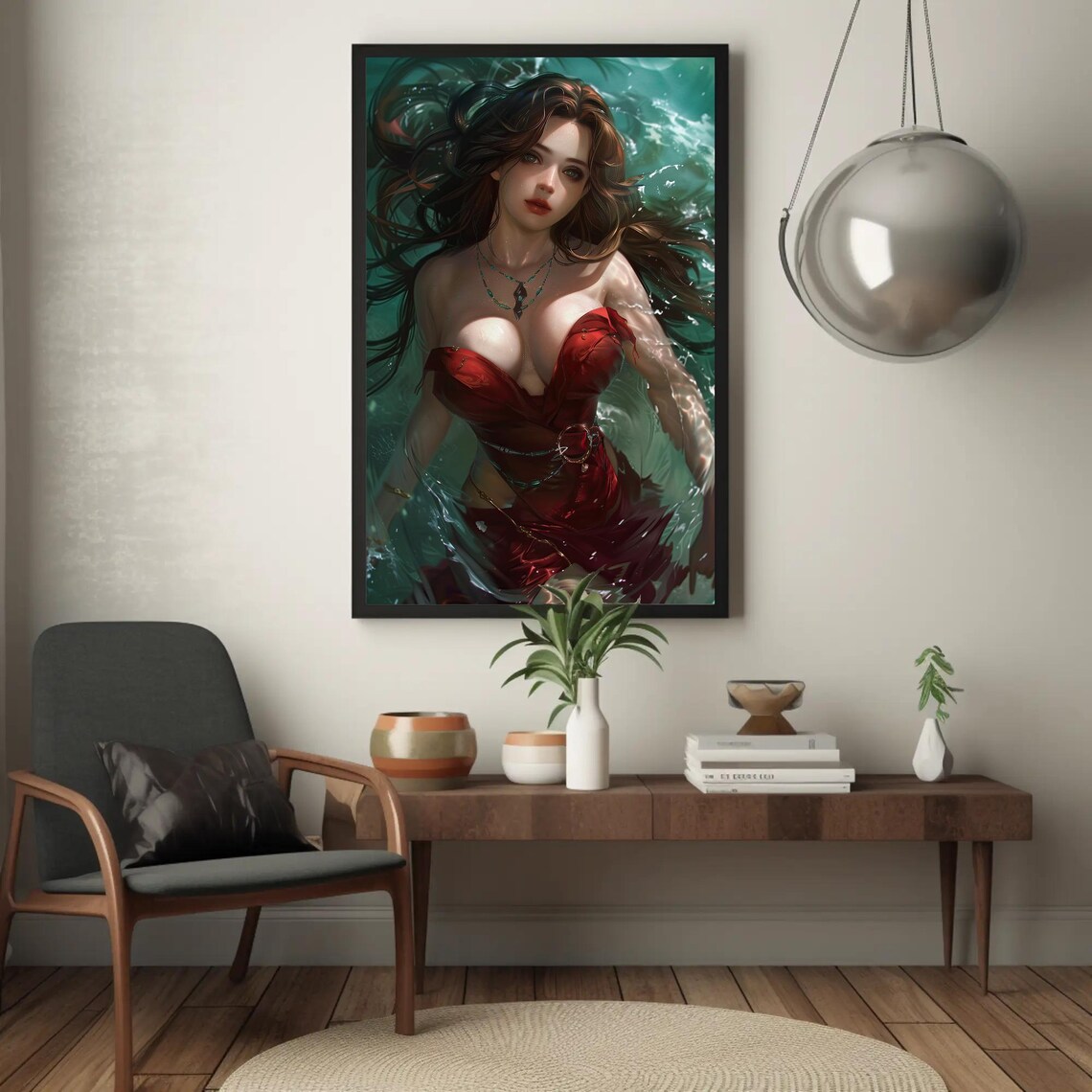 Anime Woman in Red Dress Swimming in Teal Water Fantasy Art Poster - Image 5